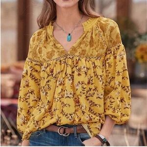 Sundance Florence Floral Lace Peasant Top Yellow Boho Medium
